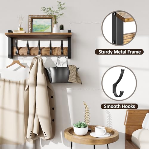 Optish Coat Rack Wall Mount with Shelf, 17.1 Inch Coat Hanger, Entryway Wall Key Holder, Hat Rack for Walls, Shelf with 5 Coat Hooks, Purse Hanger for Wall (Brown) by Optish - Used condition - Image 5