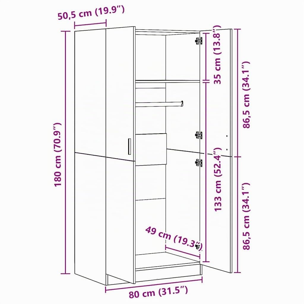 vidaXL Armario de Madera de ingeniería Roble Artesanal 80x52x180 cm, ropero, Armario de Almacenamiento, Organizador de Ropa, guardarropa