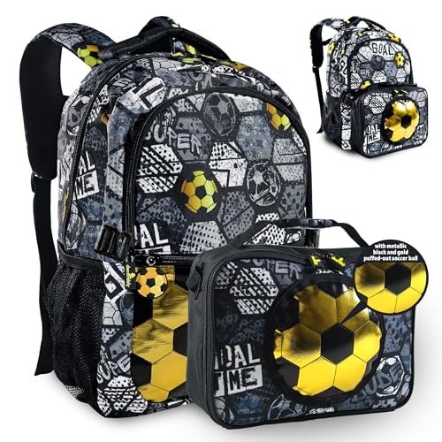 Decorably 2Pc Set Soccer Backpack for Boys with Lunch Bag with Metallic Black and Gold Design, Multi-Compartment Kids Soccer Backpack with Lunch Bag