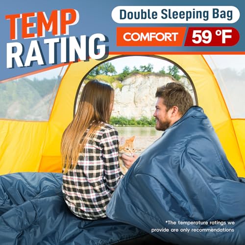 Image of MEREZA Double Sleeping Bag for Adults Mens with Pillow, XL Queen Size Two Person Sleeping Bag for All Season Camping Hiking Backpacking 2 Person Sleeping Bags for Cold Weather & Warm