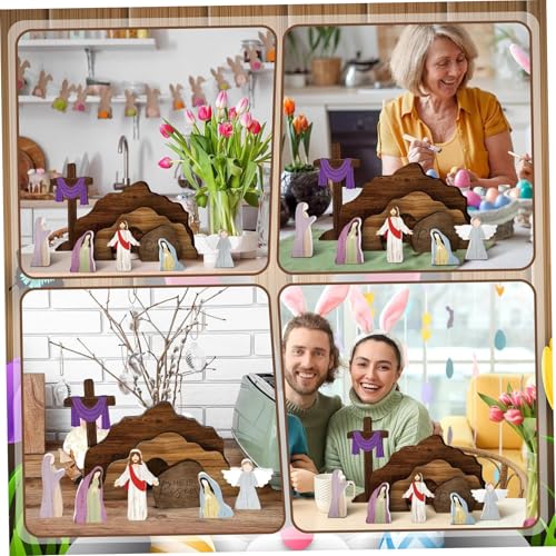 Décorations de Pâques crèche en bois et tombeau vide pour table - 7