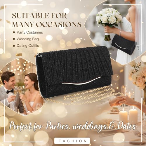 Image of Clutch Purses for Women Evening Bag Formal Dressy | Crossbody Bag with Metal Chain, Stylish Clutch, Pleated Style, Polyester, for Wedding, Prom, Cocktail Party