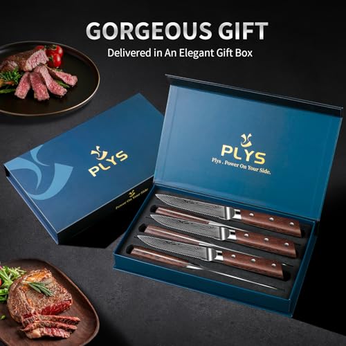 Plys Steak Knives Set of 6 Japanese: Serrated Knife Stainless Steel Steak Knife Set for Kitchen Dishwasher Safe Full Tang Design with Gift Box for Mother and Father - Image 2