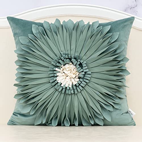 Alerfa 3D Flower Handmade Throw Pillow Cover Decorative Green Velvet