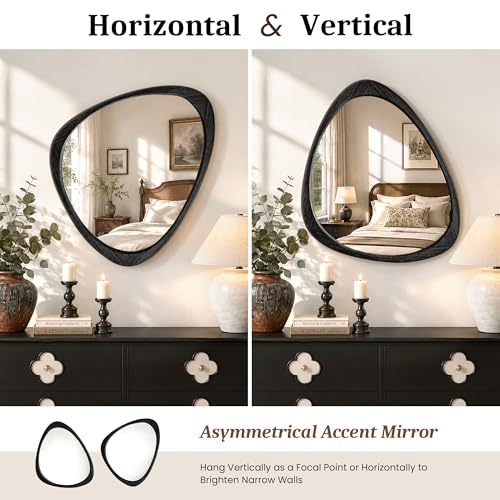 Image of Asymmetrical Mirror, 24 inchx19 inch Unique Irregular Wall Mirror, Wood Mid Century Modern Mirror Decor for Bathroom Bedroom Living Room Entryway Hallway (Black)