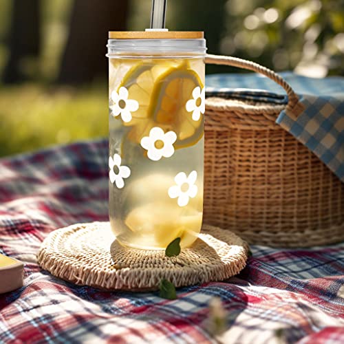 Anotion Cute Glass Cups With Lids And Straws, Mason Jars With Flower Design, Bamboo Lid, Iced Coffee Cups Tumbler Drinking Glasses Travel Coffee Mug Perfect For Coffee, Smoothies, Boba Tea, And Wine #TOP2