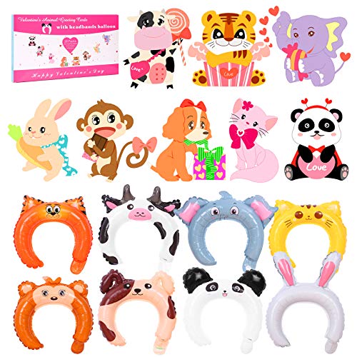 Valentines Day Cards For Kids - Animal Valentines Greeting Cards for School Classroom Exchange Party Supplies- Include 28 Animal Valentine Cards, 28 Inflatable Animal Headbands, 28 Gift Envelopes.