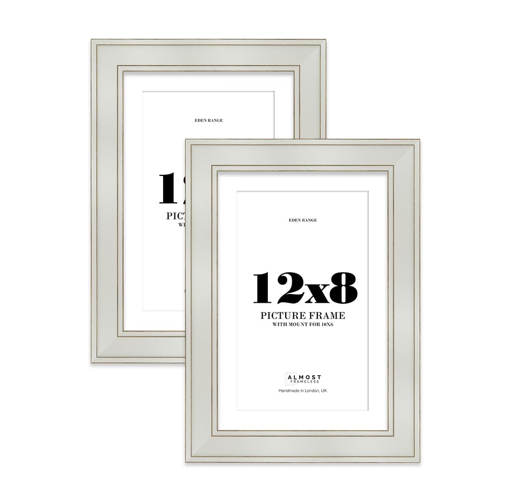12x8" Light Grey Picture Frame with 10x6" Mount - Shabby Chic Photo Frame with Distressed Finish, Gold Trim, Wall Hooks and Kickstand, 37mm Edge - 2 Pack