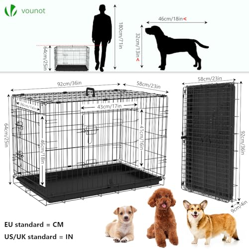 VOUNOT Hundekäfig Klappbar, Hundebox Auto Hundetransportkäfig mit Doppeltüren, 2 Transportgriffen & Bodenschale, L 92x58x64cm, Schwarz