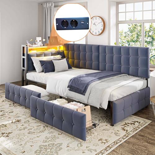 OKMYHOME Lit Banquette 90x200 cm avec éclairage LED et Prise USB - Canapé lit 90x200 avec 2 Tiroirs de Rangement - Tête de lit capitonnée en Velours Gris...
