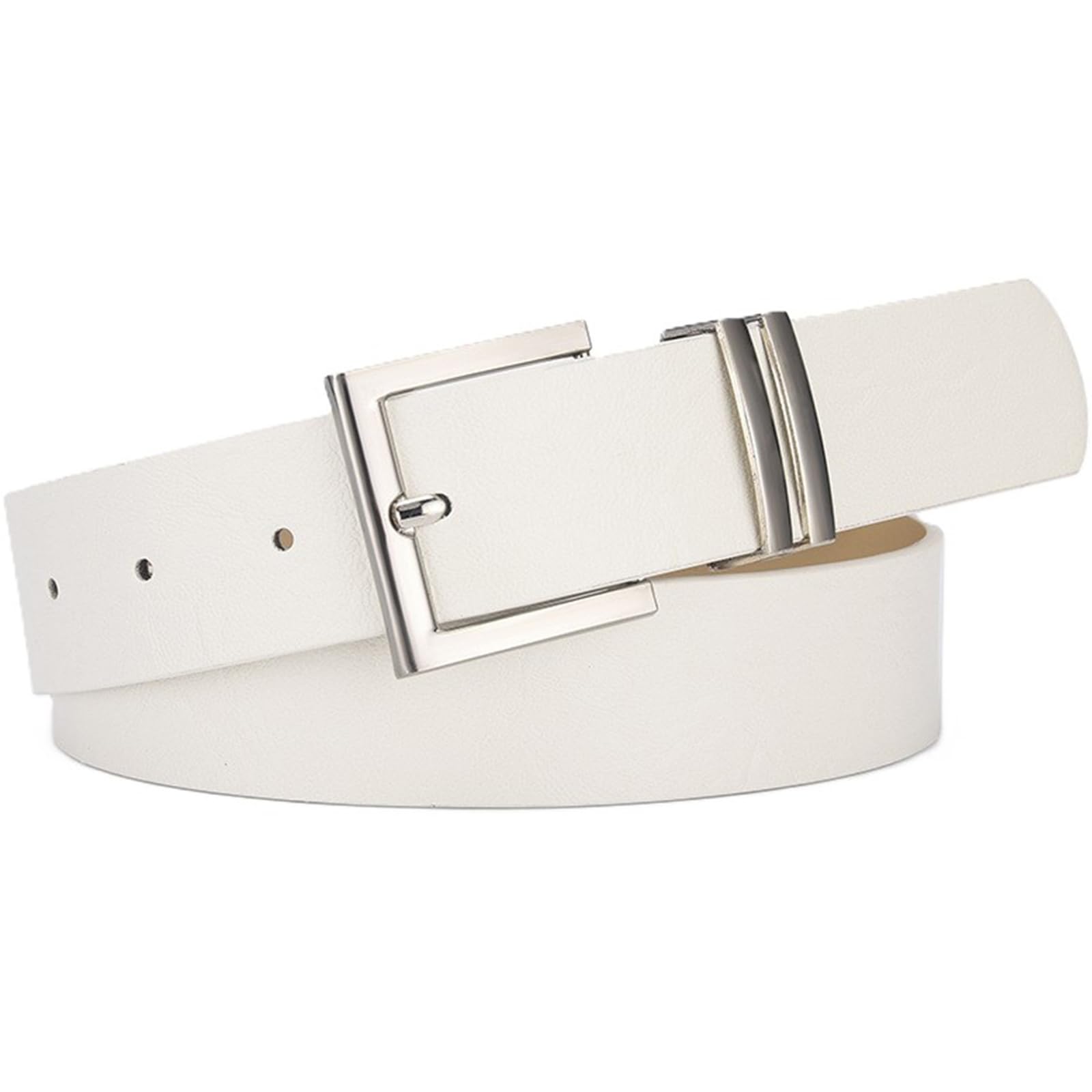 AGUTALITHIC Womens Embossed Belt for Jeans Dress Pants 3.3cm Wide PU-Leather Strap with Heavy Duty Silver Prong Square Buckle(105cm/41, White)