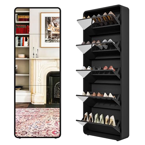 Organizedlife Zapatero con espejo de 5 niveles, zapatero estrecho para pasillo, color negro