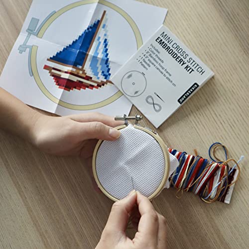 Image of Kikkerland DIY Mini Cross Stitch Sailboat Embroidery Craft Starter Kit Set, with Pattern Instructions, 3 inch Bamboo Hoop, Stress Relief, Adult Beginner Friendly