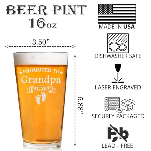 CARVELITA Promoted To Grandpa Est 2025 Beer Glass, 16oz Engraved Beer Pint, Gifts For New Papa, New Grandfather Gifts For Men, First Time Grandpa Gifts, Papa To Be Gifts, For Father's Day