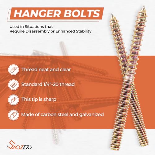 Swozzto 17 16Pcs 1/4"-20 X 3 Inch Hanger Bolts Kit & 1Pcs 1/4"-20 Hanger Bolt Driver thumb #2