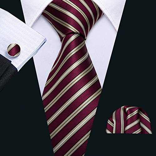 Image of Barry.Wang Tie Sets for Men Silk Stripe Necktie Woven Checkered Handkerchief Cufflinks Formal Business Wedding