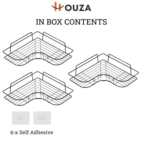 Image of HOUZA Bathroom Corner Rack - Self Adhesive, No Drilling Required, Metal Rack for Shower, Kitchen or Toilet Area - Space Saving (Pack of 3)