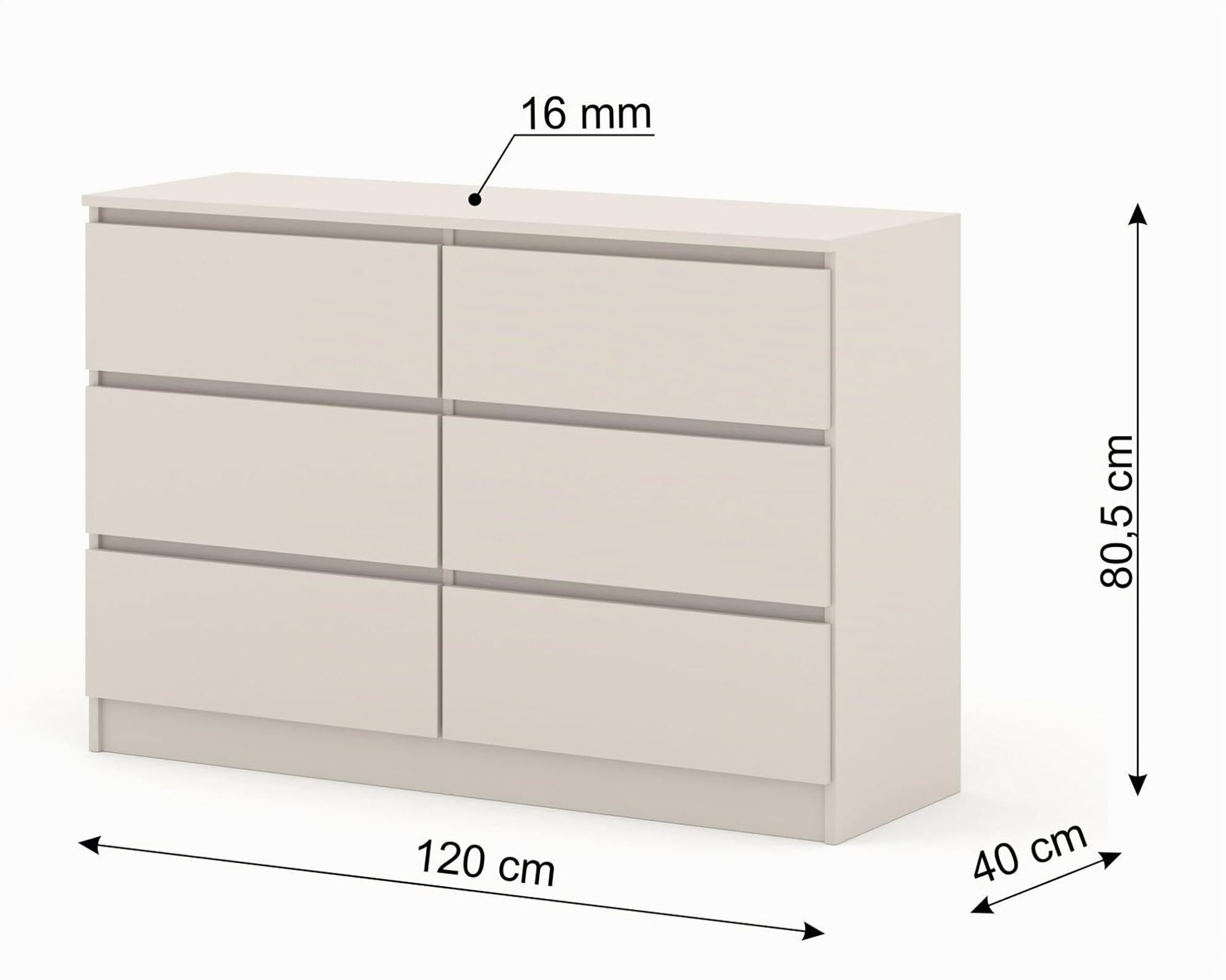 Homlando Cassettiera Maja S6, 120 x 40 x 80,5 cm, con 6 cassetti, credenza moderna senza maniglie, stabile cassettiera per corridoio, camera da letto o ufficio (cashmere)