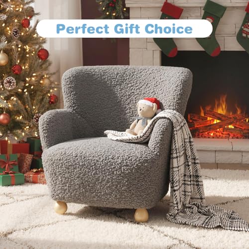 Image of KOTEK Comfy Toddler Chair, Sherpa Kids Armchair with Rubber Wood Legs, Children Reading Chair for Boys & Girls, Upholstered Kids Sofa for Playroom Bedroom Nursery (Grey)