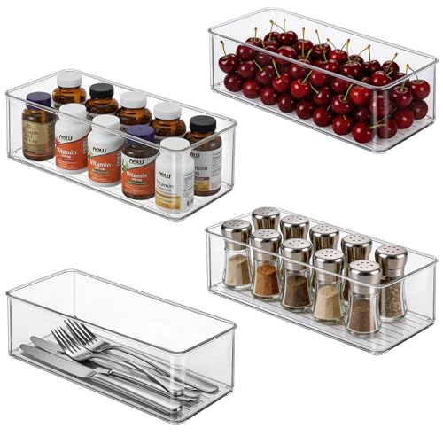 Hudgan 4 Packs Refrigerator Organizers and Storage, 4 Small Stackable Clear Plastic Bins for Pantry Organizer, Home Edit, Kitchen Cabinet, Fridge, Bathroom, Office, Drawer