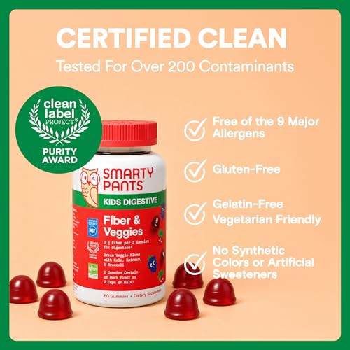 SmartyPants Kids Fiber & Veggies: Prebiotic Fiber Gummies for Kids, Fiber Supplement with Inulin, Organic Green Veggie Blend, Vegan, Gluten Free, Mixed Berry Flavor, 60 Count (30 Day Supply) - image 9