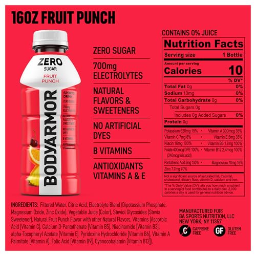 Image of BODYARMOR ZERO Sugar Fruit Punch Electrolyte Drink, Natural Flavors, 16 Fl Oz Bottles (6 Pack), B Vitamins & Antioxidants Sugar Free Hydration