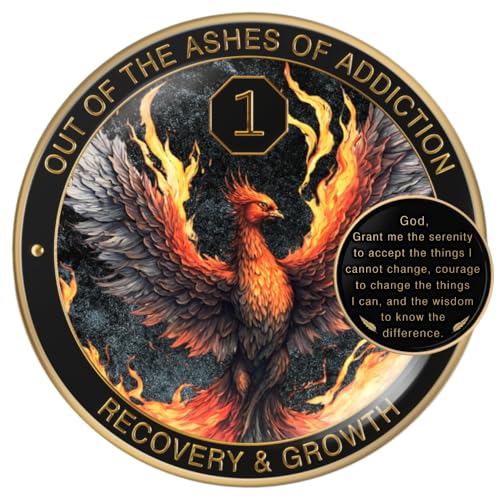 phoenix sobriety coin  aa chip medallion gift set with coin capsule display stand amp card for sober men amp women in recovery  sobriety gifts for anniversary month amp year 1 year
