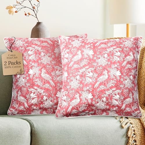 CPC 100% Cotton Throw Pillow Covers 18x18 Inch, Set of 2 Pink Block Print Pattern Couch Pillow, Cute Boho Decorative Pillows for Living Room, Bedroom with Hidden Zipper- Coral Pink