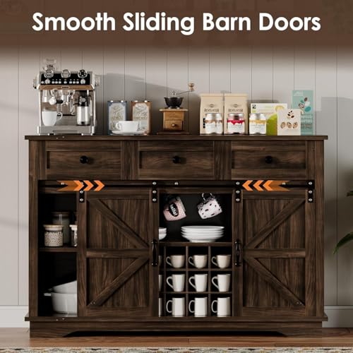 Farmhouse Coffee Bar Cabinet with Storage - 54” Wine Cabinet with Drawers and Barn Door for Living Room or Kitchen, Brown