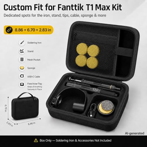 Image of Carrying Case Compatible with Fanttik T1 Max Soldering Iron Kit | EVA Shell with Oxford Exterior, Molded Tray, Mesh Pocket, Dual Zippers and Reinforced Handle for Work, Full Black, Case Only