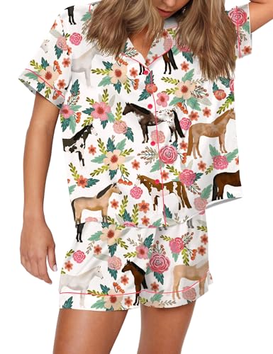 Image of SHESHOW Satin Pajamas for Women Set Preppy Animals Pjs Short Sleeve Shorts 2 Piece Loungewear Sets XS-XXL