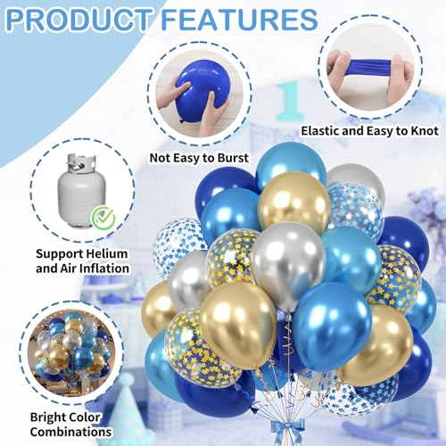Image of Navy Blue Gold Silver Balloons, 60PCS Star Confetti Balloons, 12 Inch Pearl Navy Blue Metallic light Blue Silver Gold Latex Balloon Helium for Birthday Wedding Baby Shower Graduation Party Decorations