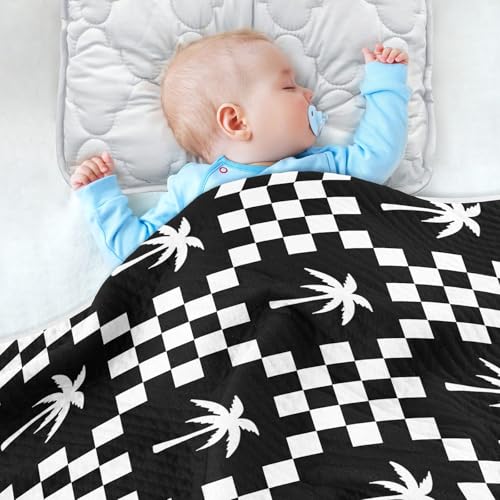 Image of Palm Tree Check Black White Baby Swaddle Blanket for Boys and Girls, Muslin Baby Receiving Swaddle Blanket, Soft Cotton Nursery Swaddling Blankets for Newborn Toddler Infant