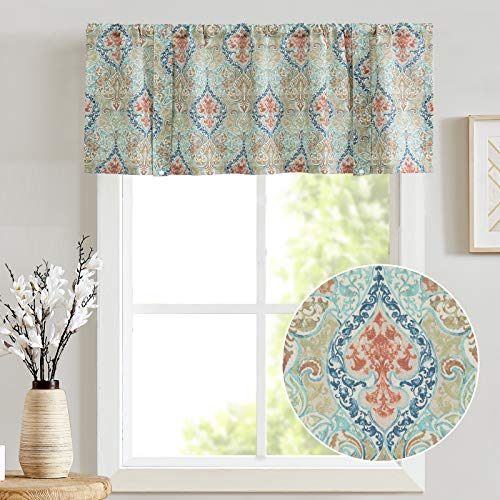 Jinchan JCUSRPDM-5018C01 Linen Valance Curtain Tie Up Green Valance For Kitchen Windows Vintage Floral Damask Printed Valance With Adjustable Tie Medallion Small Window Curtain Rod Pocket 18 Inch Long 1 Panel thumb #2