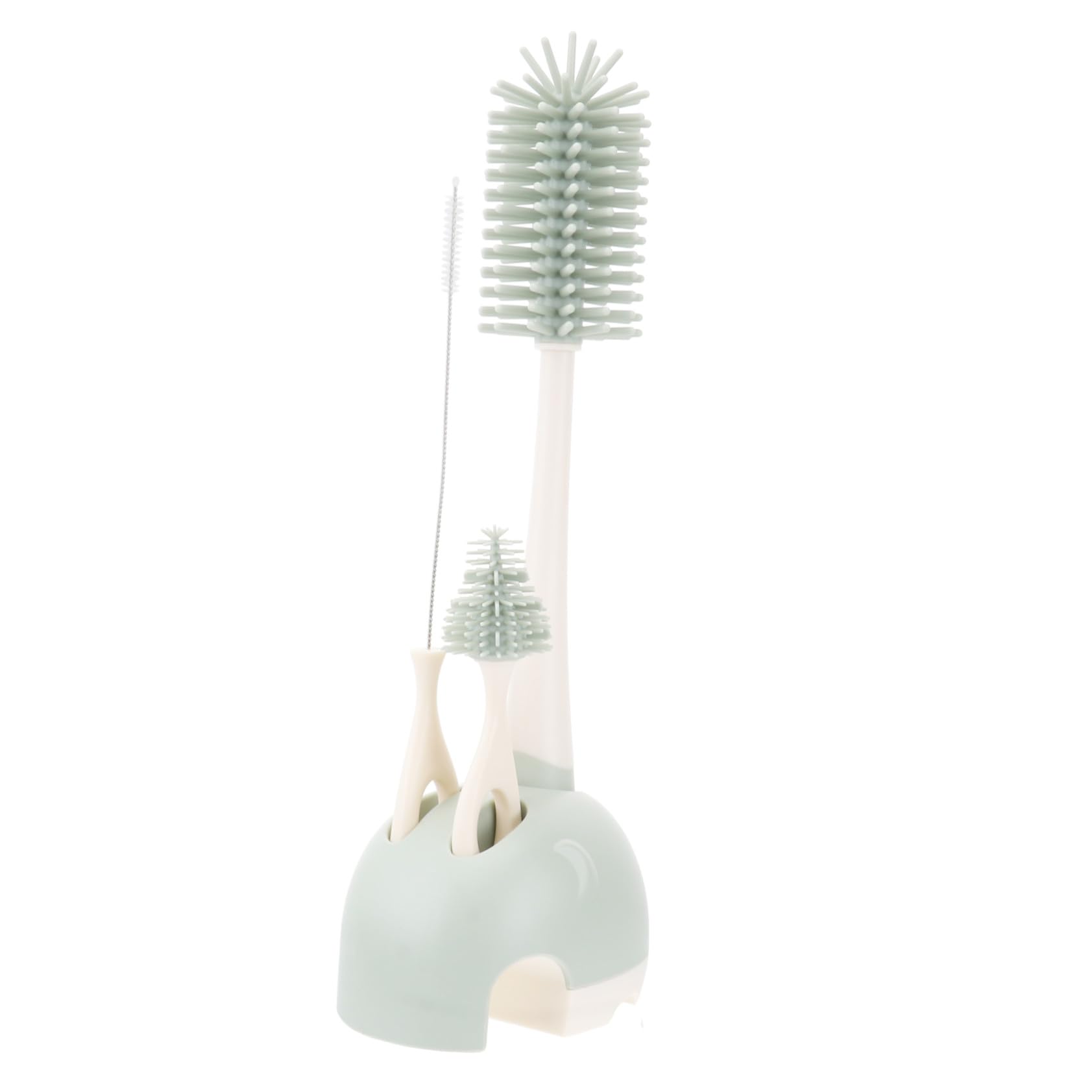 Cepillo de Limpieza de Biberones de Silicona Mango Largo y Rotación 360°, Incluye Soporte Elefante para Limpiar Chupetes y Pajitas, Set Completo
