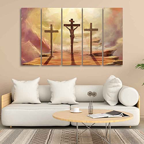 Image of VIBECRAFTS Jesus Cross with Moon Dark Background Five Pieces Canvas Wall Painting For Home|Office|Living Room|Gift (PTVC5Pcs4 8588)