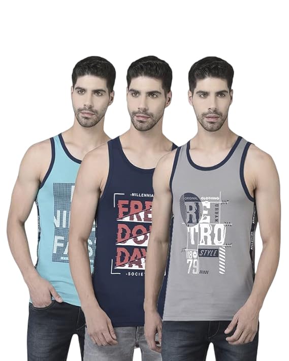 dollar Mens Assorted Cotton Printed Vest Tank top Assorted (Any Colours) (Pack of 3)-picture-52