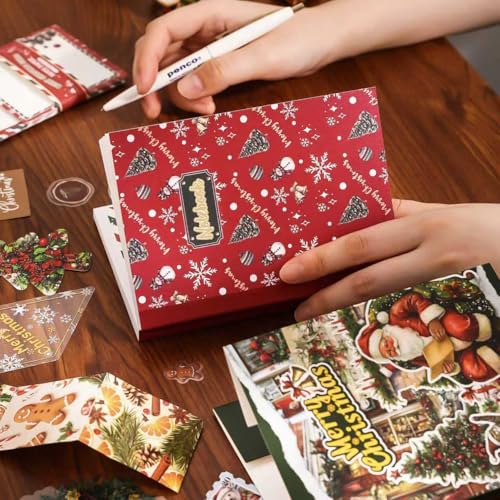 Image of WEMOL Vintage Journal Scrapbook Pack Kit for Art Journaling Bullet, Planners DIY Paper Stickers, Craft Kits Notebook, Collage Album Aesthetic Sticker (Red Christmas)