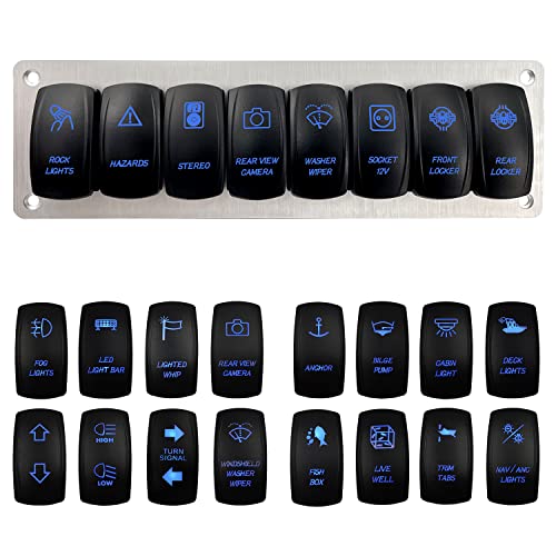 Image of 8 Gang Boat Rocker Switch Panel with Silver Mounting Bracket Blue Led Toggle Switch Panel for Car Truck Van Yacht RV IP66
