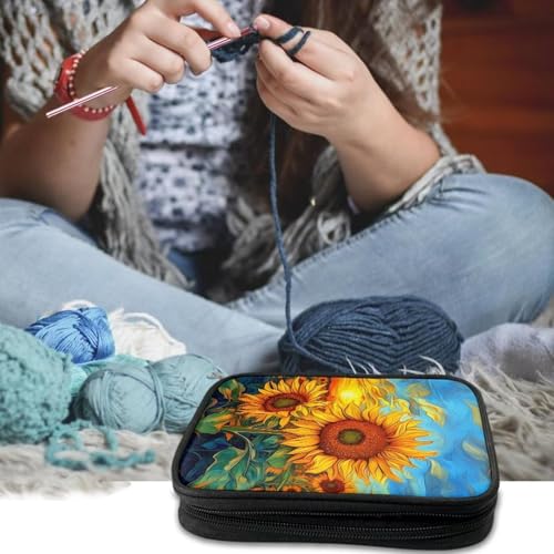 Image of Art Sunflower Crochet Hook Case Crochet Hook Holder Portable Storage Bag with Web Pockets Suitable for Needles /Knitting Accessories
