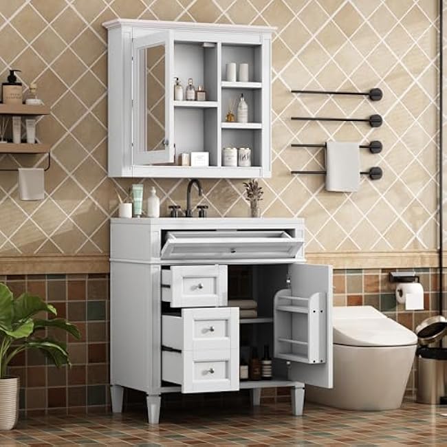 30 Bathroom Vanity with Matching Medicine Cabinet, Modern Sink Storage Cabinet with Drawers, Soft Closing Doors and Shelf, Bathroom Vanities with Sink & Mirror