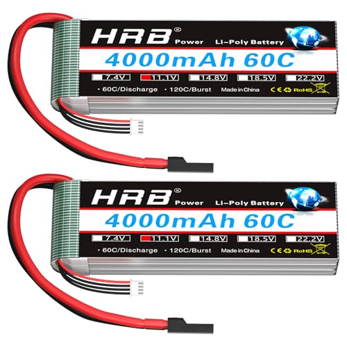 HRB 2PCS 3S Lipo Battery 4000mAh 60C 11.1V RC Lipo Battery Compatible with RC Airplane, RC Helicopter, RC Car, RC Truck, RC Boat