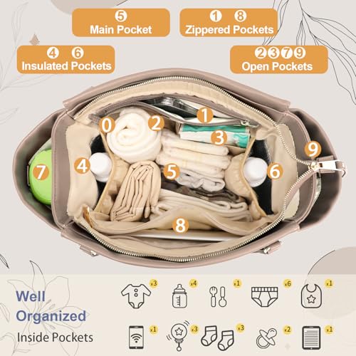 Image of miss fong Checkered Diaper Bag Tote Leather Diaper Bag Backpack, Large Capacity Mommy Bag Hospital Bag, 12 Pockets Travel Diaper Tote with Changing Pad for Mom Plaid Tote Bag for Women-Beige&Honey