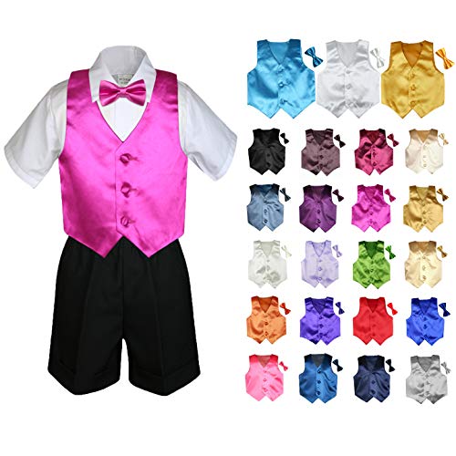 MILLTEX 4 Pieces Set Formal Party Wedding Color Satin Vest & Bow tie Shirt Black Shorts Set New Born Baby Boy Toddler Sm-4T (M (6-12 Months Old), Brown)