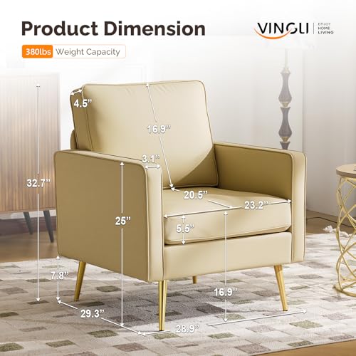 Image of VINGLI PU Leather Accent Chairs Set of 2, Mid-Century Modern Living Room Chairs with Removable Cushions, Gold Legs, Upholstered Sofa Armchair for Bedroom, Office, Apartment, Play Room