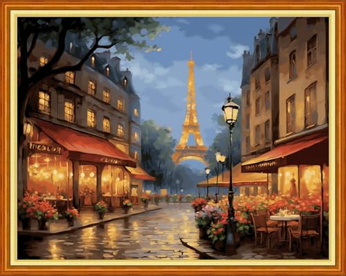 Image of Foxdiviy Stamped Cross Stitch Kits for Beginners Full Range of Cross Stitching 11 CT Printed Cross Stitch Kits for Adults Cross Stitch Patterns Needlepoint Kits-Eiffel Tower Street 16x20 inch