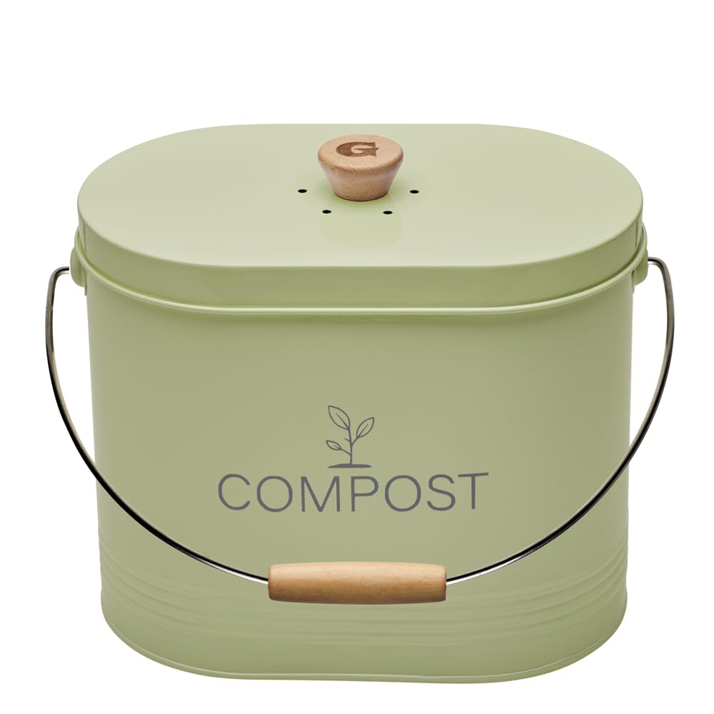 Seau à Compost 7L Ovale – Filtre Charbon Anti-Odeurs – Acier Peint Vert Sauge – Poignée Bois – Composteur Cuisine Grande Capacité – Garantie 5 Ans - 040631