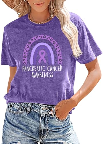Pancreatic Cancer Shirt for Women: Purple Ribbon T Shirt Pancreatic Cancer Rainbow Short Sleeve Tee Top2
