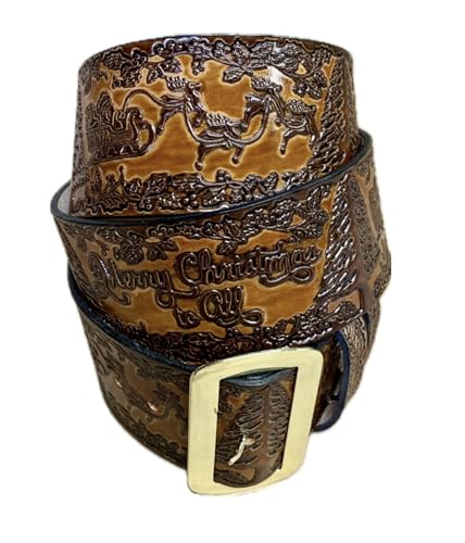 Brown Tooled Santa Claus Belt & Buckle, Merry Christmas to All, Solid Leather, 3