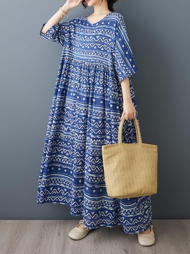Image of Women Plus Size Dresses Summer Vintage Print O Neck Oversized Boho Vacation Casual Robe with Side Pockets